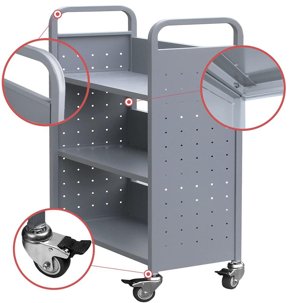 Great Choice Products Library Rolling Book Cart With 3 Flat Shelves ...