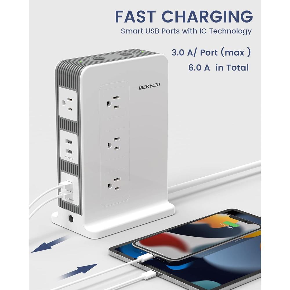 Great Choice Products Power Strip Surge Protector Tower, 10 Widely Multi Outlet With 4 Usb Vertical Charging Station, 1875W 15A, 1080J With 6Ft Hea…