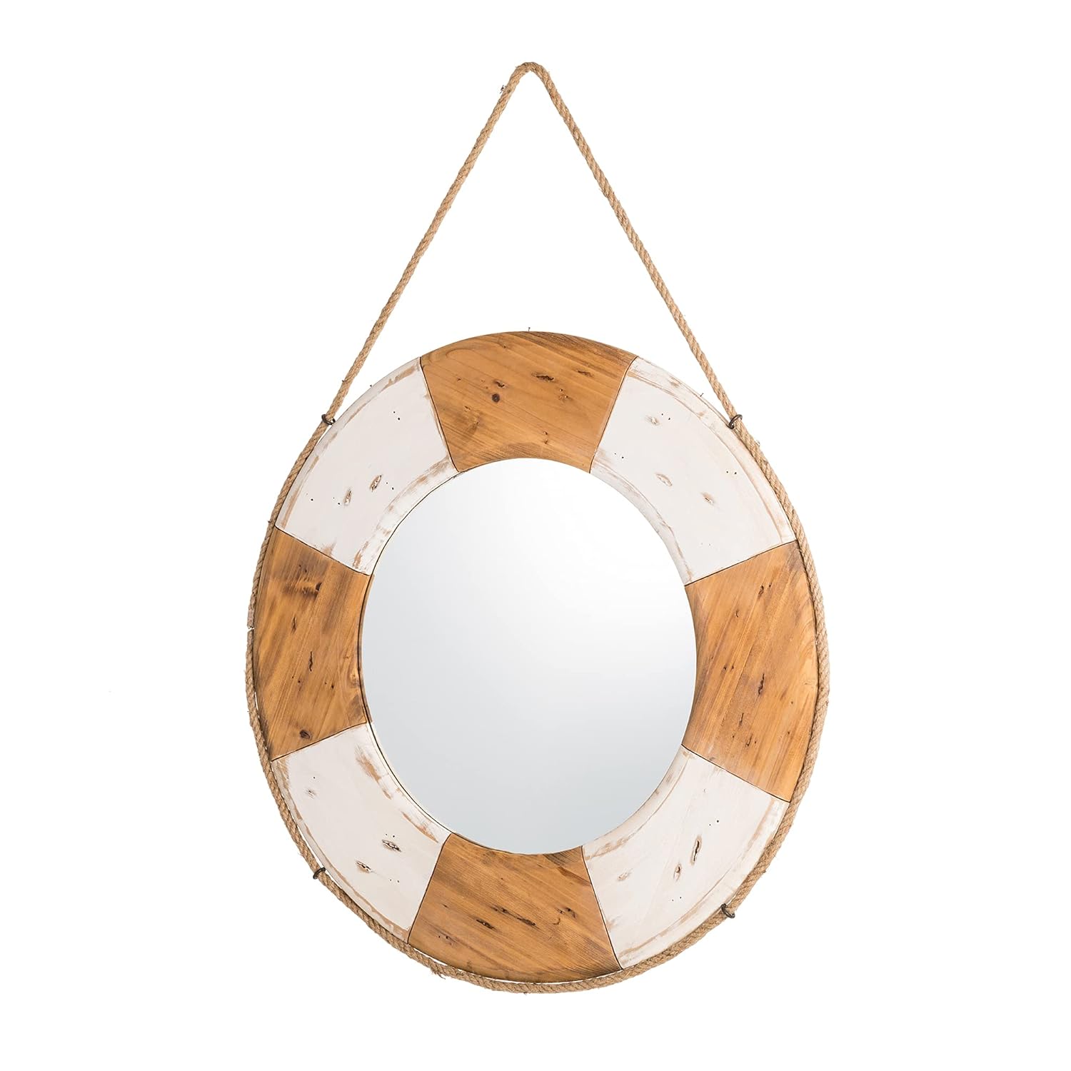 Great Choice Products Coastal Nautical, Lifebuoy Wood Wall Mirror Door Hanging Ornament, Beach Theme For Home Decoration, 30 Inch, White