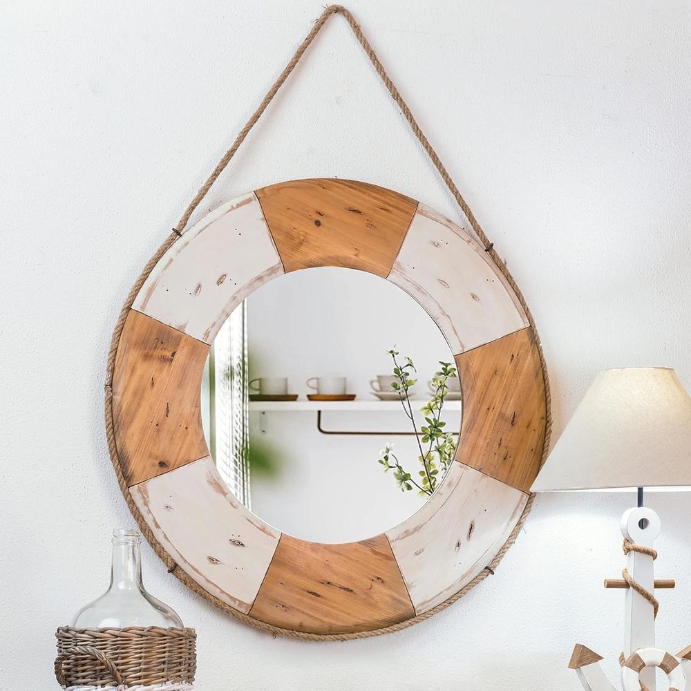 Great Choice Products Coastal Nautical, Lifebuoy Wood Wall Mirror Door Hanging Ornament, Beach Theme For Home Decoration, 30 Inch, White
