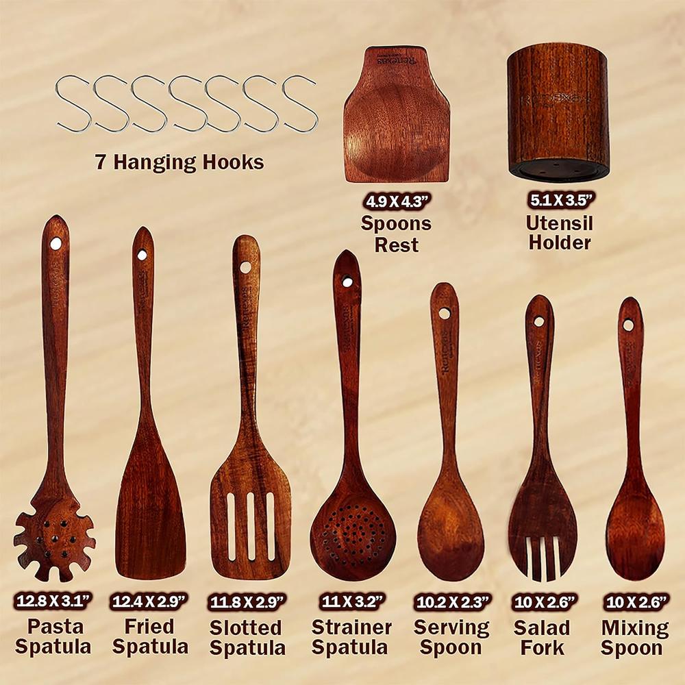 Great Choice Products 9 Pcs Wooden Spoons For Cooking, Natural Teak Wood Utensils Set For Cooking, Wooden Cooking Spoons With Cooking Set Holder, B…