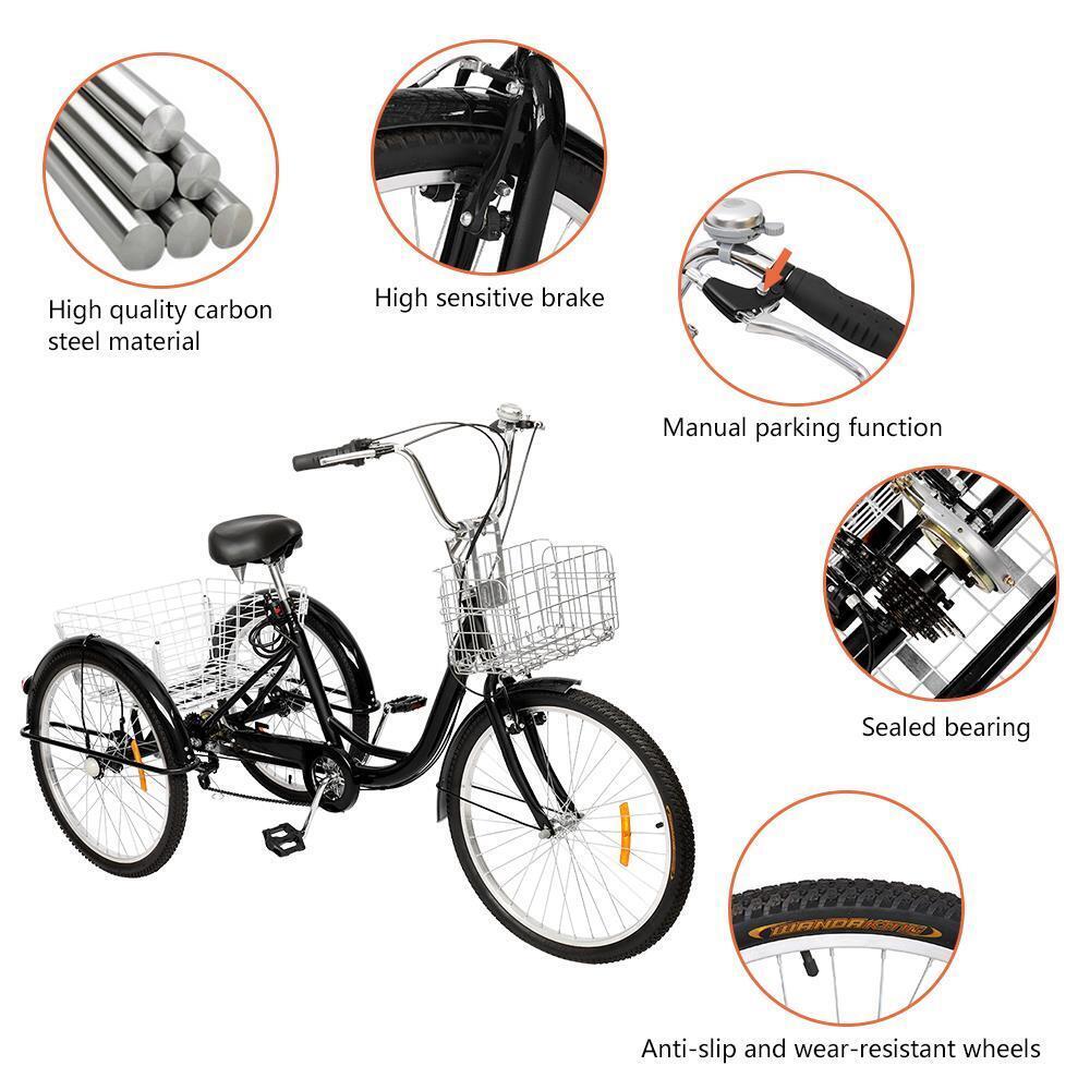 Great Choice Products 24" 7 Speed Adult Tricycle 3Wheel Trike Cruiser Bike W/Basket For Shopping Black
