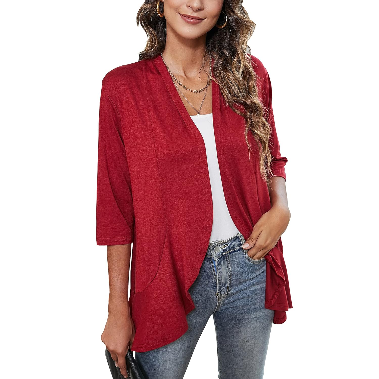 Great Choice Product Women'S Plus Size 3/4 Sleeve Kimono Cover Up Open  Front Lightweight Sweaters Shrug Spring Summer Cardigans Deep Red 3X-Large