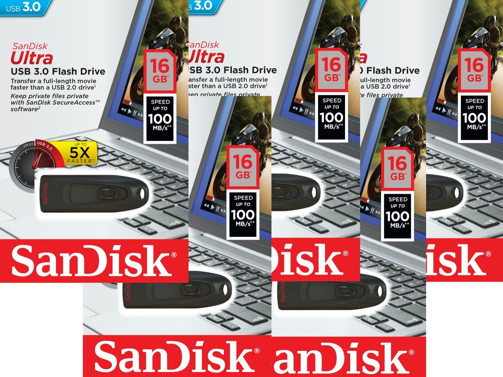SanDisk Lot of 5 SanDisk 16GB Cruzer Ultra USB 3.0 100MB/s Flash Thumb Drive SDCZ48-016G