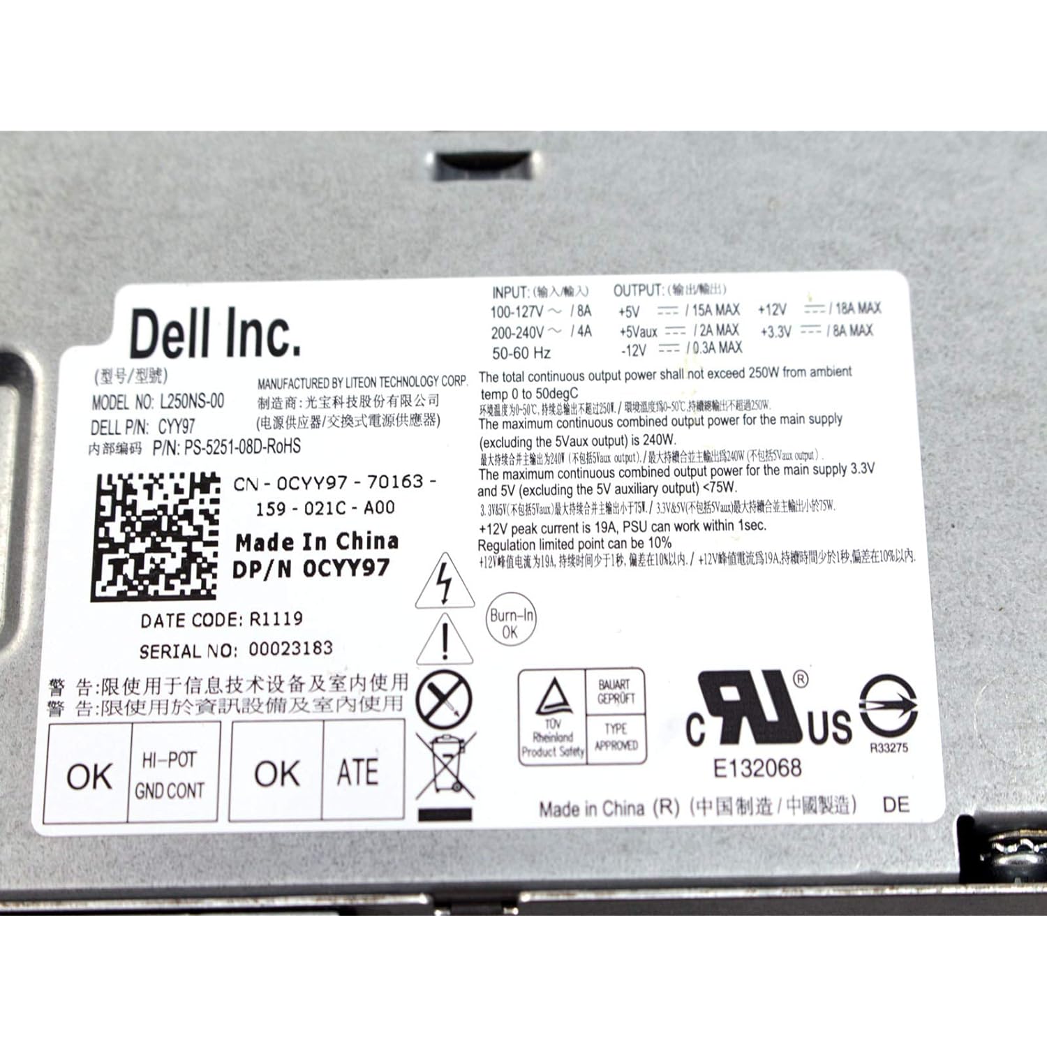 Dell Genuine Dell 250W Watt CYY97 7GC81 L250NS-00 Power Supply Unit PSU For Inspiron 530s 620s Vostro 200s 220s, Optiplex 390, 790…