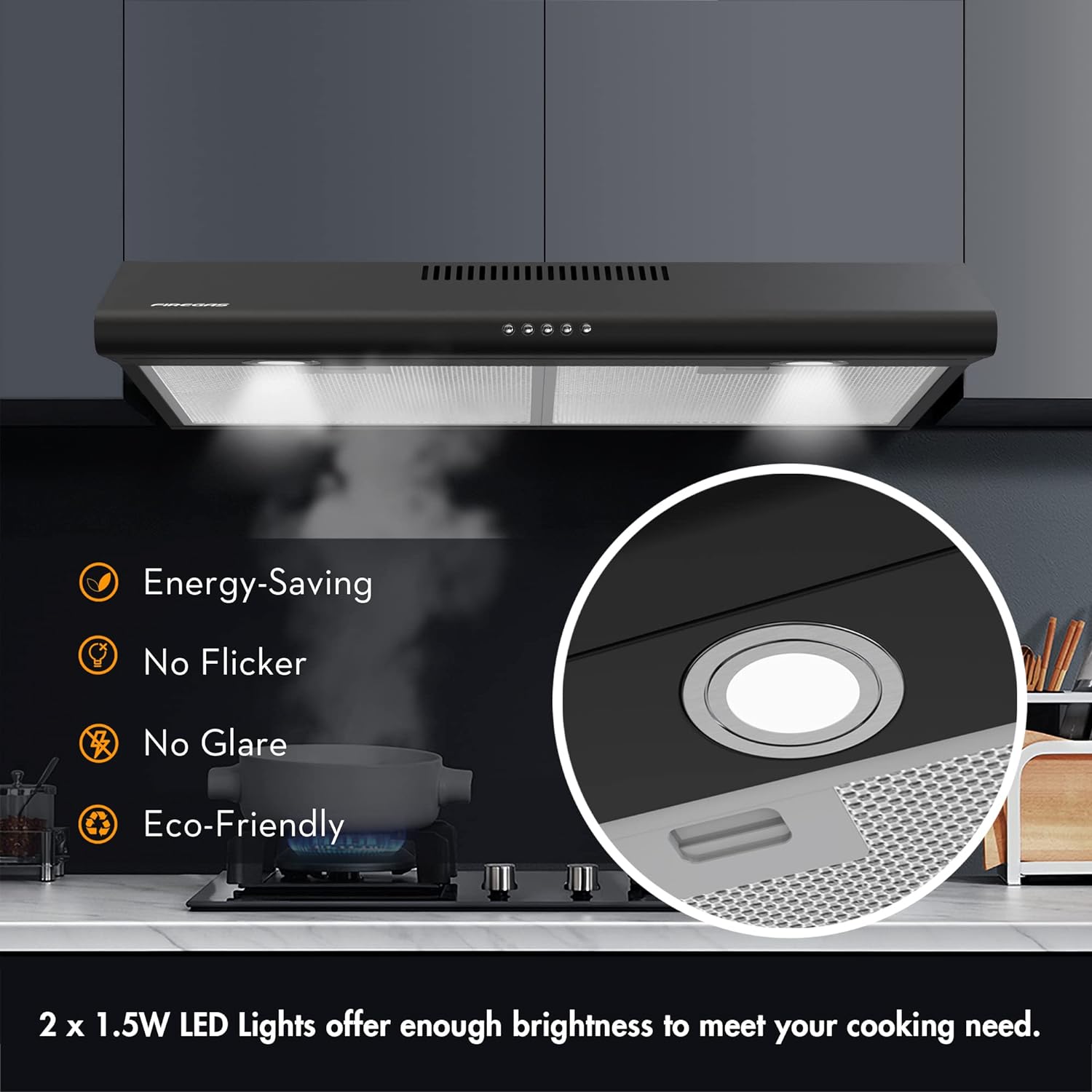 GCP Products Black Under Cabinet Range Hood 30 Inch, Slim Kitchen Over Stove Vent, Led Light, 3 Speed Exhaust Fan, Push Button,Stainless