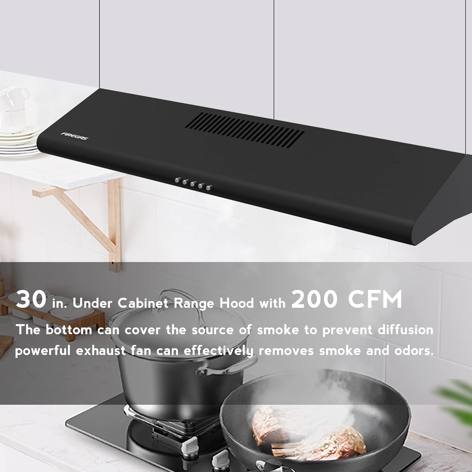 GCP Products Black Under Cabinet Range Hood 30 Inch, Slim Kitchen Over Stove Vent, Led Light, 3 Speed Exhaust Fan, Push Button,Stainless