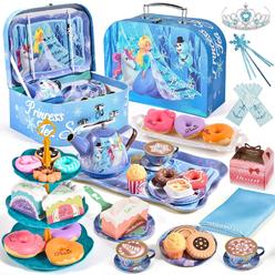 GCP Products Tea Party Set For Little Girls Frozen Toys Inspired Elsa Princess Gift, 49Pcs Kid Tin Tea Set & Luxury Food Playset & Carry C?