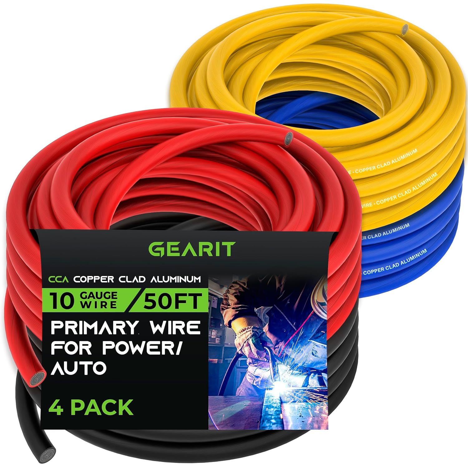 GCP Products GCP-US-578109 10 Gauge Wire (50Ft Each- Black/Red/Blue/Yellow)  Copper Clad Aluminum Cca - Primary Automotive Power/Ground Battery Cable,  Ca…
