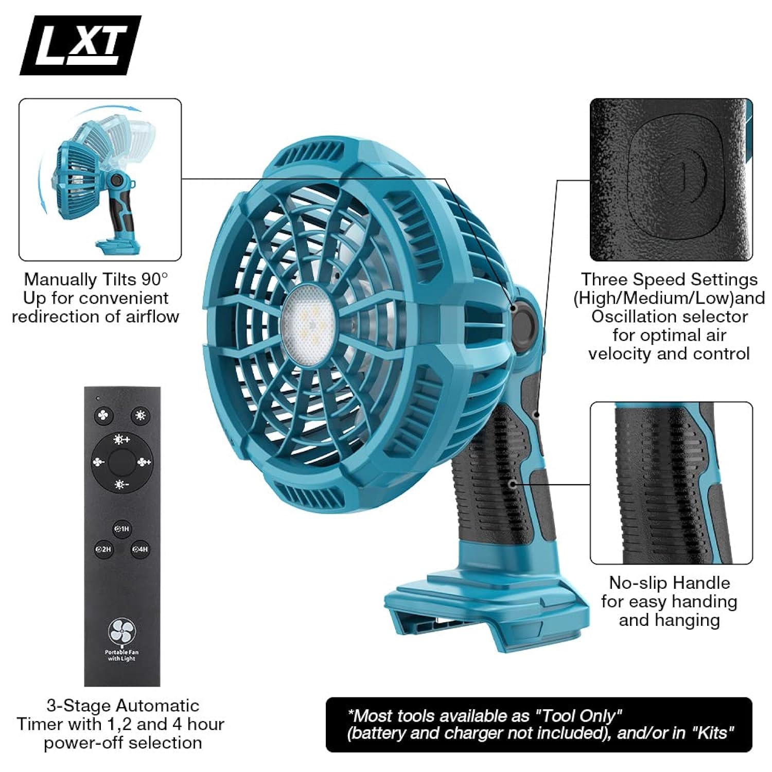 GCP Products Portable Fan Powered By Makita 18V Lxt Lithium-Ion Battery, Cordless Battery Operated Fan With 9W Led Work, Usb Port, Handhel…