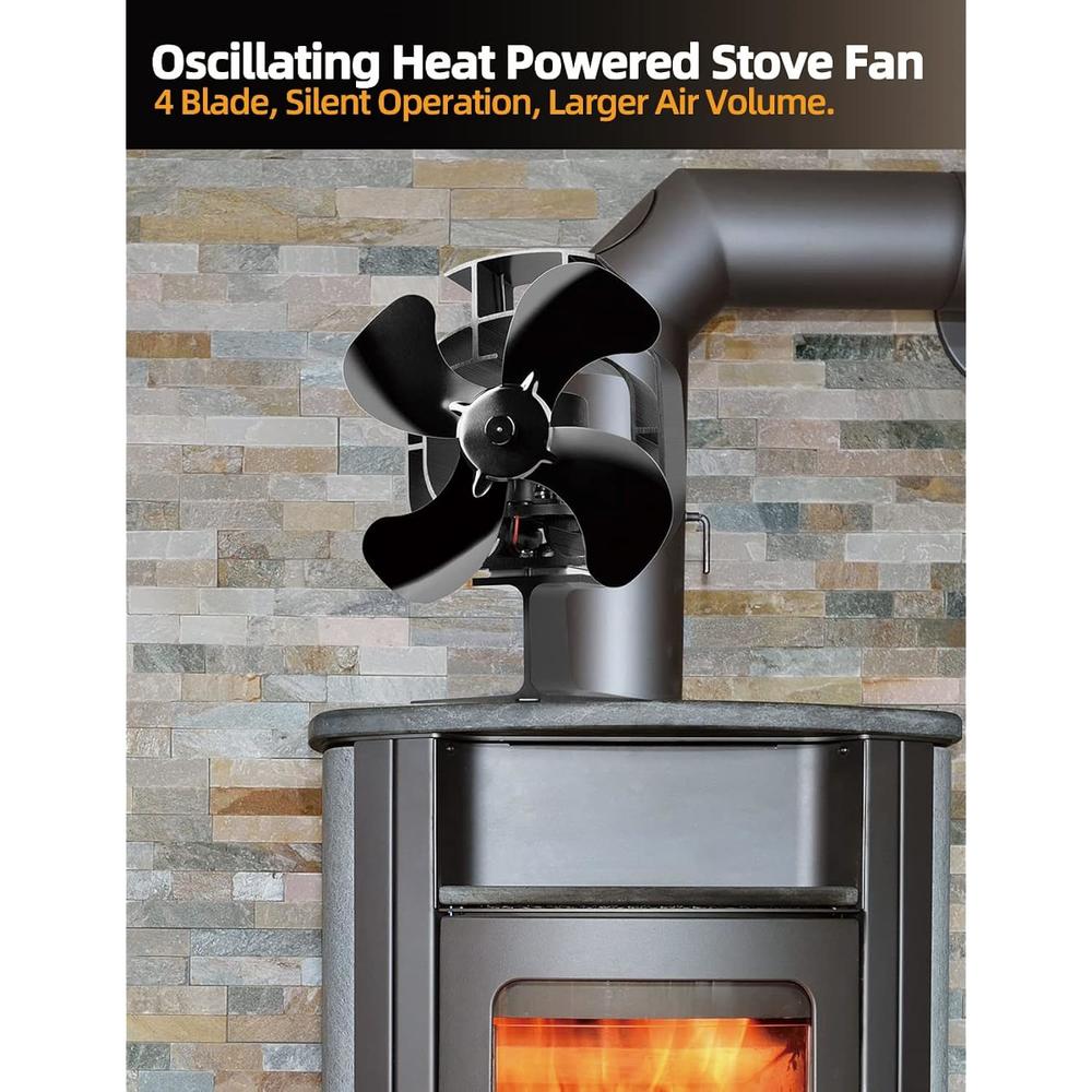 GCP Products Stove Fan, Oscillating Fireplace Fan : 122°F Automatically Start, 4 Blade, Silent Operation. Normal & 46° Wide-Angel Oscillat…
