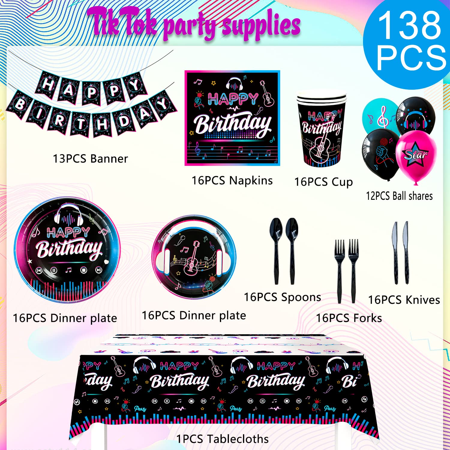 GCP Products Tik Tok Party Decorations,138Pcs Tik Tok Birthday Party Decorations Tableware Set-Tik Tok Balloons Banner Tablecloth Plates C…