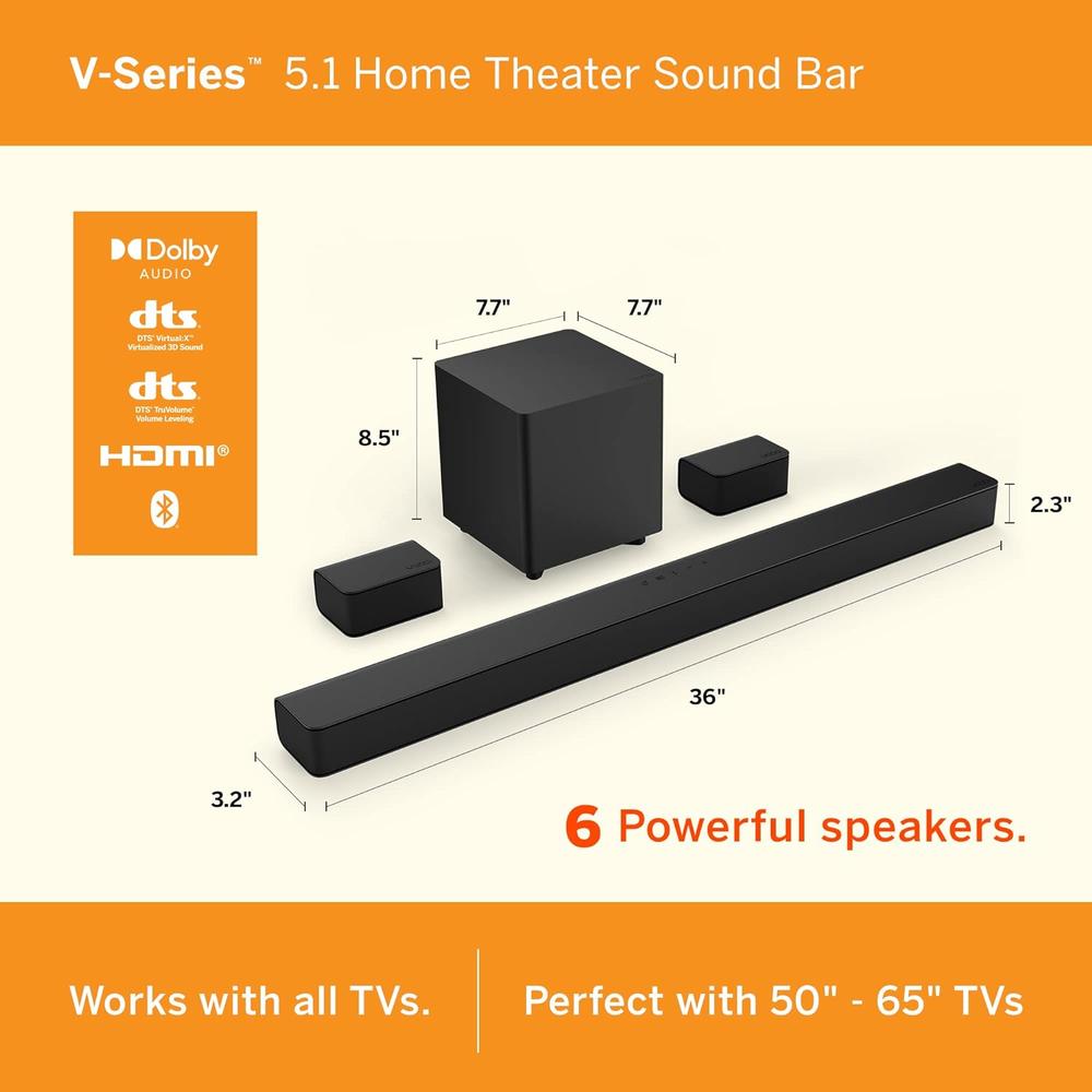 VIZIO V-Series 5.1 Home Theater Sound Bar with Dolby Audio, Bluetooth, Wireless Subwoofer, Voice Assistant Compatible, Includ…