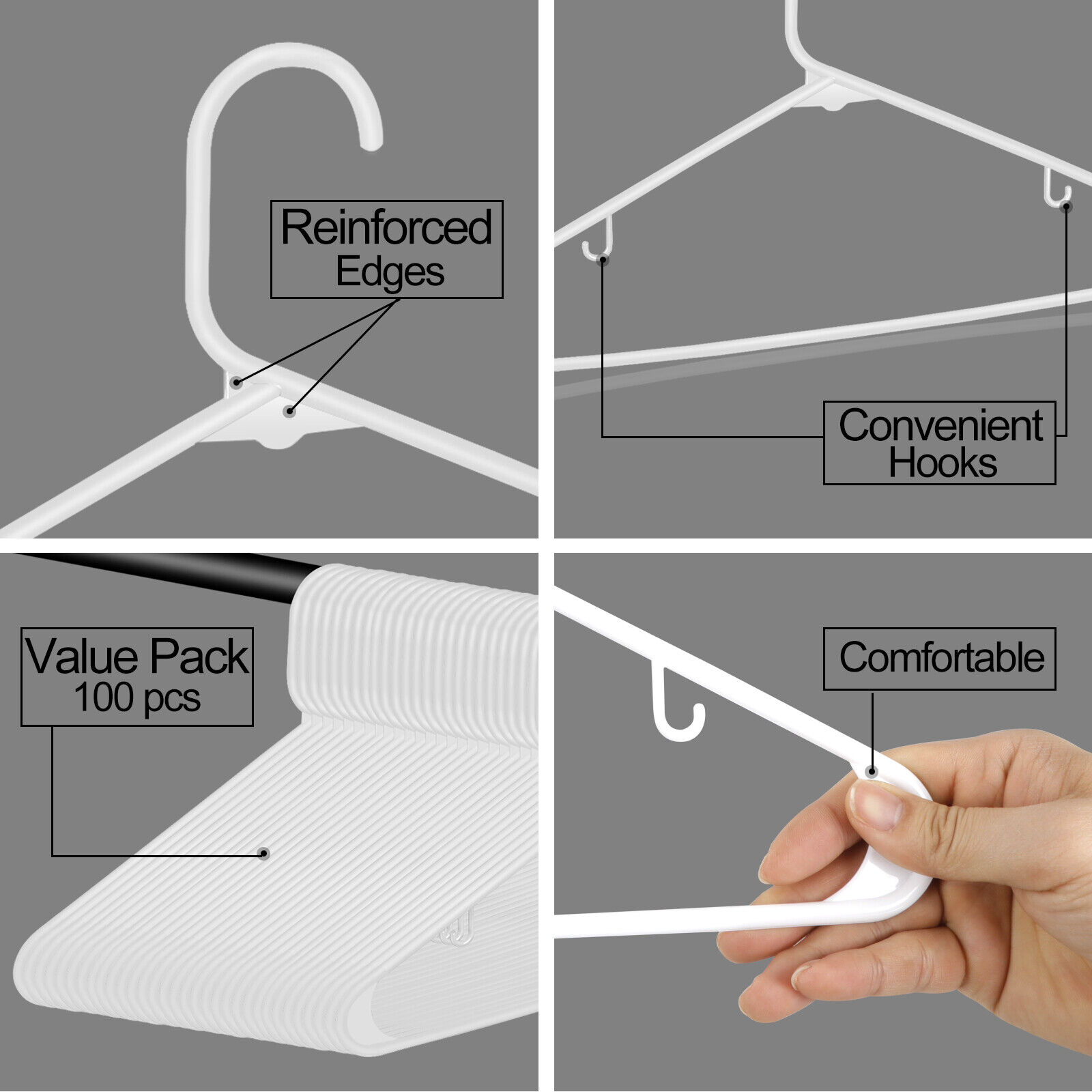 GCP Products 100 Pack White Plastic Hangers Standard Thick Clothes Hangers with Double Hooks