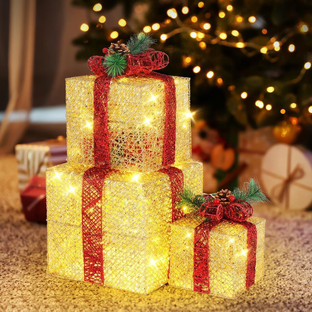 GCP Products 3Pcs Christmas Lighted Gift Boxes Decorations Holiday Party Home Yard Gold