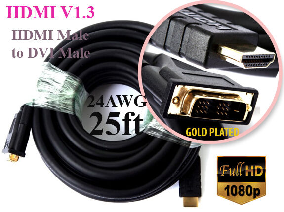 GCP Products Hdvi24W 24Awg Thick Hdmi 1.3 Cable 25 Ft To Dvi-D Gold-Plated 1080P Hdtv Pc Lcd
