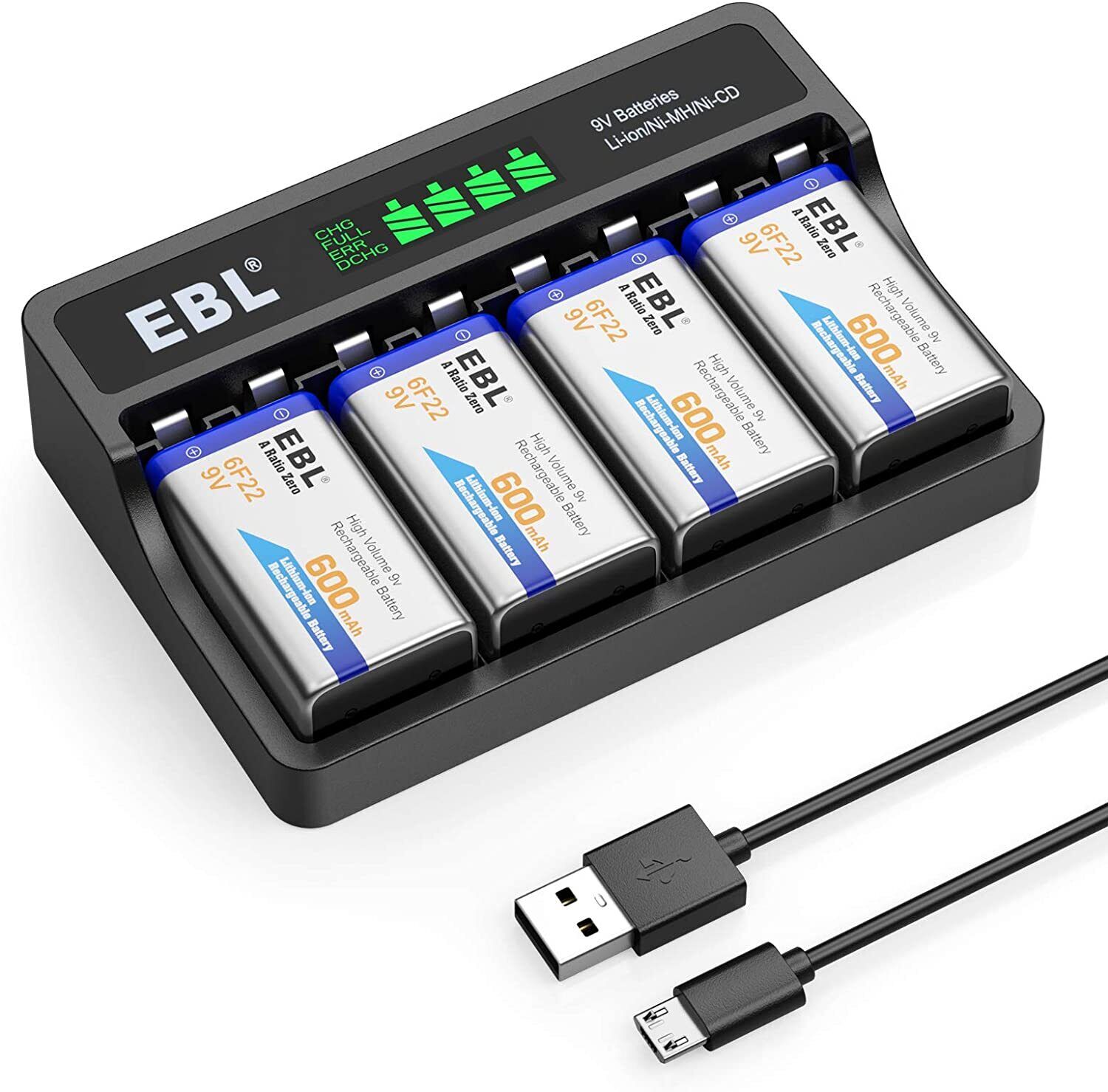GCP Products 4X 9V Rechargeable Li-Ion Battery+Charger For 9 Volt Lithium-Ion/Ni-Mh/Ni-Cd