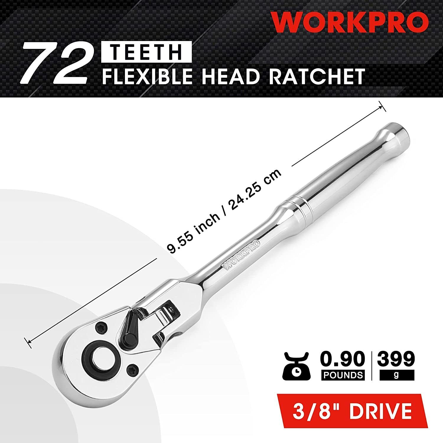 WORKPRO 3/8" Drive 72-Tooth Flex Head Ratchet Chromium Plated Quick Release New