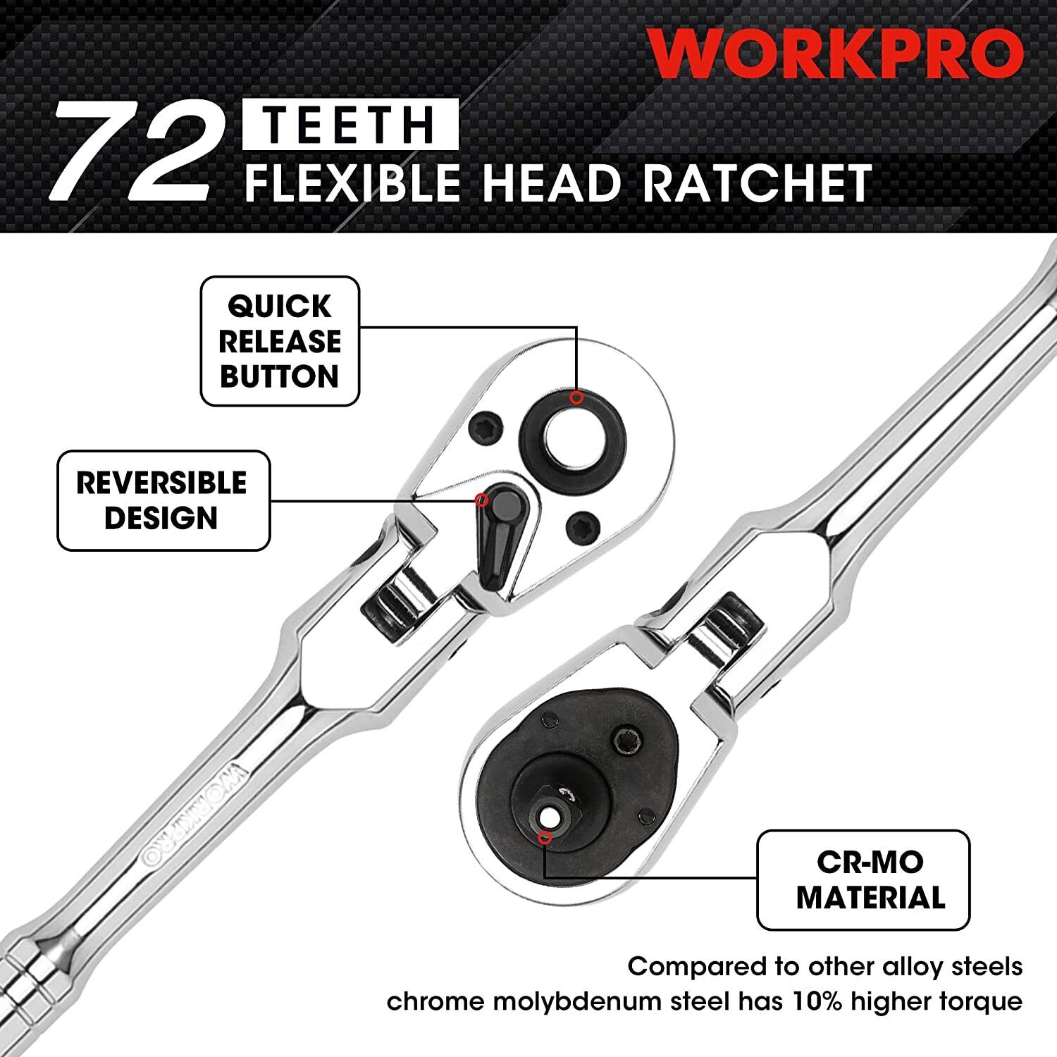 WORKPRO 3/8" Drive 72-Tooth Flex Head Ratchet Chromium Plated Quick Release New