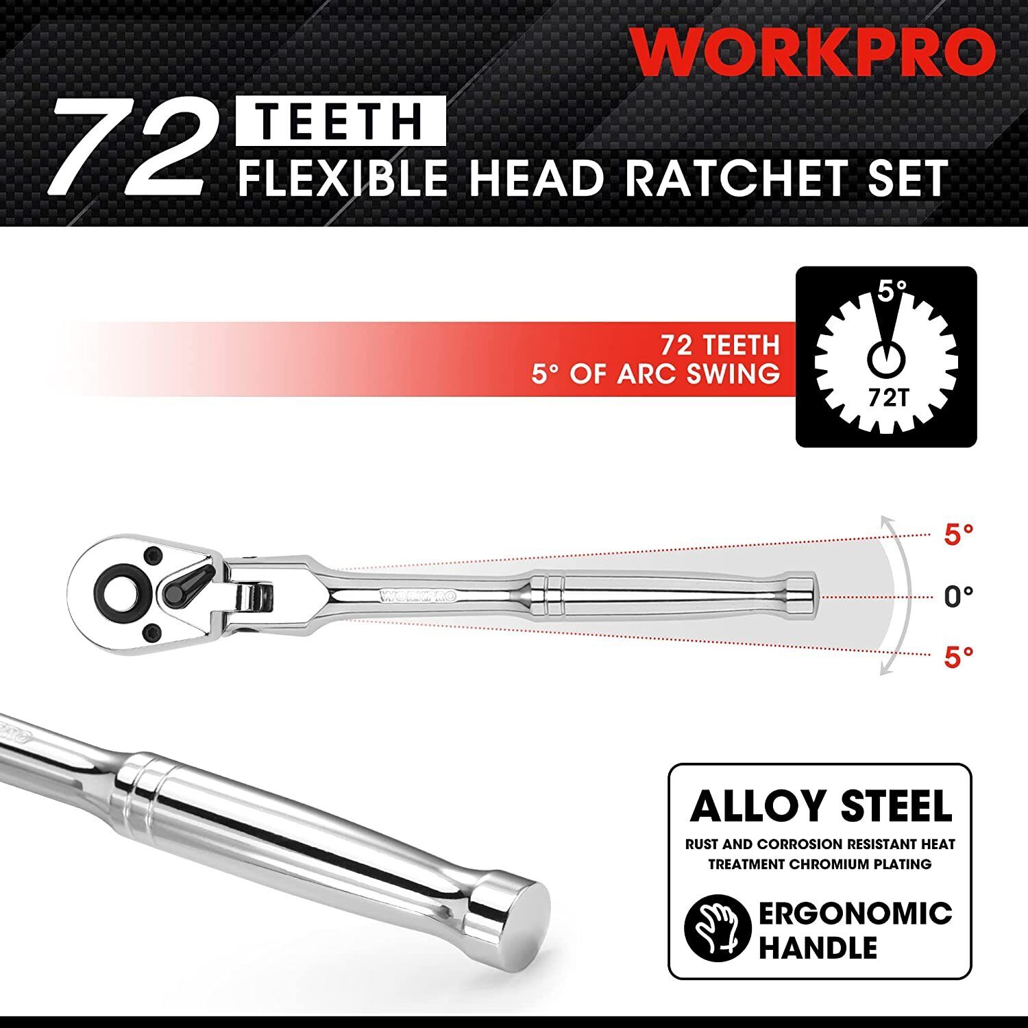 WORKPRO 4Pc Flex Head Ratchet Set 1/4" 3/8" 1/2" Dr 3/8" Stubby 72-Tooth Ratchet