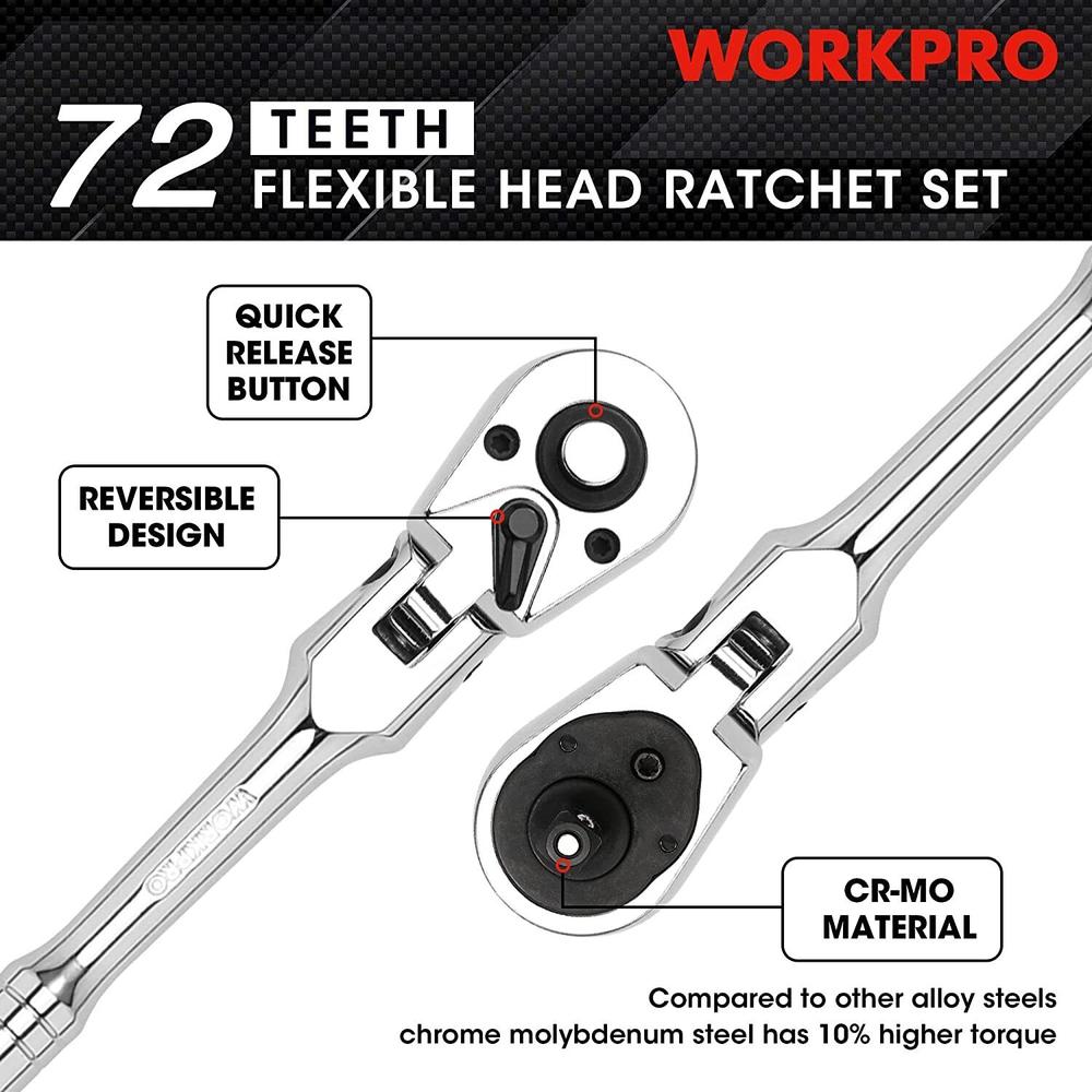 WORKPRO 4Pc Flex Head Ratchet Set 1/4" 3/8" 1/2" Dr 3/8" Stubby 72-Tooth Ratchet