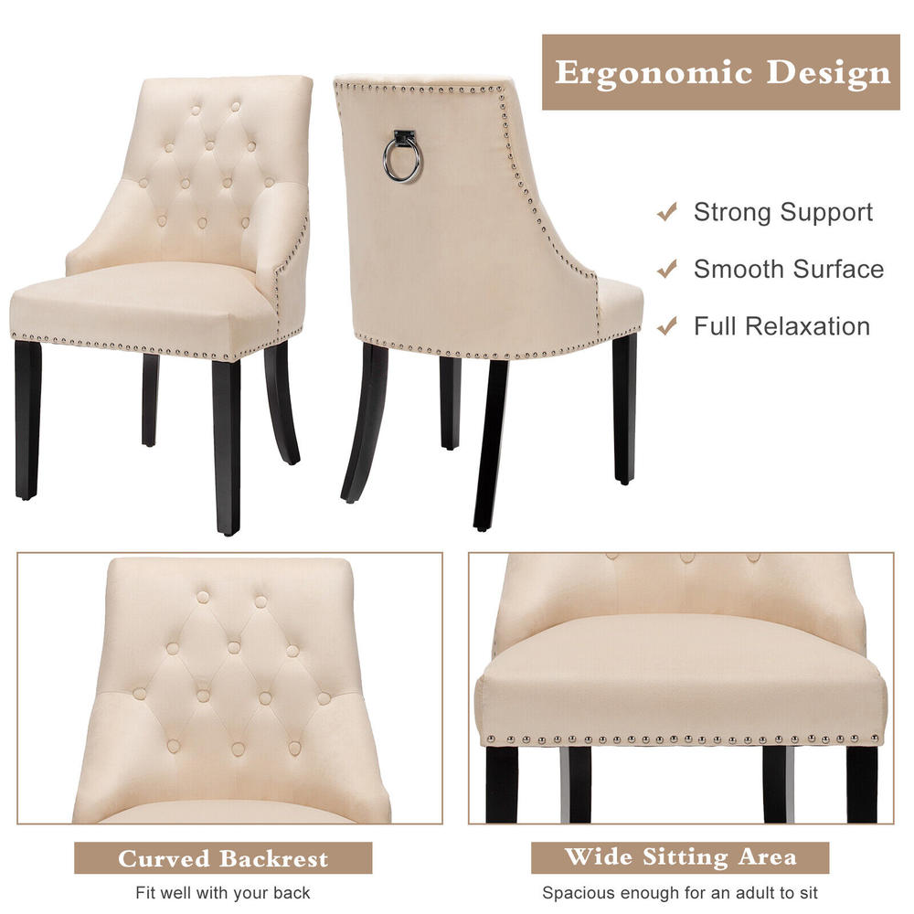 GCP Products Set Of 2 Velvet Dining Chair Upholstered Tufted W/Ring Pull & Nailed Trim Beige
