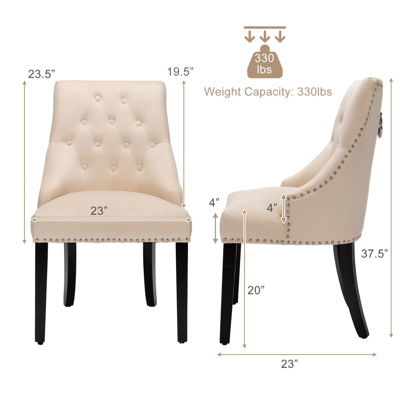 GCP Products Set Of 2 Velvet Dining Chair Upholstered Tufted W/Ring Pull & Nailed Trim Beige
