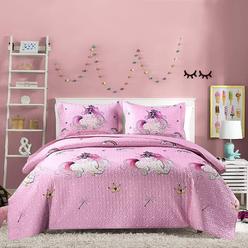 Great Choice Products Quilt Set Queen Size Girls Quilt Bedding Queen Quilt Girls Kids Quilt Bedspreads Coverlet Pink Unicorn Bedding Girls Lightwei…
