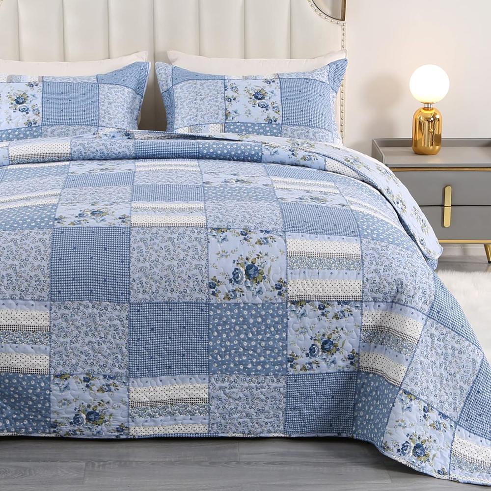 Great Choice Products Blue Patchwork Quilt Set Queen Bedspread Queen Size Quilt Quilted Coverlet Reversible Lightweight Quilt For Queen Bed With 2 …