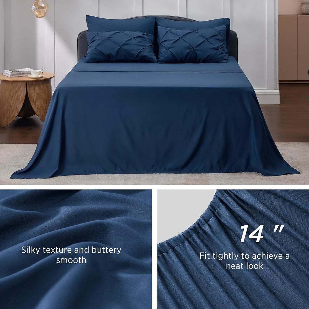Great Choice Products California King Comforter Set - Cal King Bed Set 7 Pieces, Pinch Pleat Navy Blue Cali King Bedding Set With Comforter, Sheets