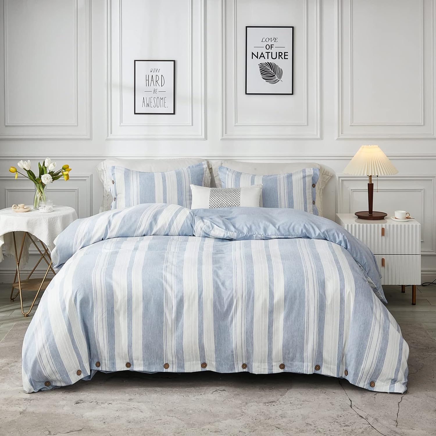 Great Choice Products Brushed Microfiber Duvet Cover Set Breathable Soft King Blue Duvet Cover 3 Pieces Striped Duvet Cover King With Buttons Closu…