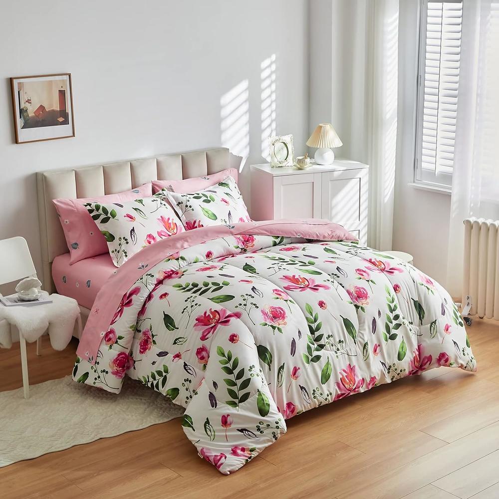 Great Choice Products Floral Comforter Sheet Set 7 Pieces Bed In A Bag Queen Size White With Green Leaves Pink Flowers Reversible Bedding Set (1 Co…