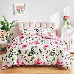 Great Choice Products Floral Comforter Sheet Set 7 Pieces Bed In A Bag Queen Size White With Green Leaves Pink Flowers Reversible Bedding Set (1 Co?