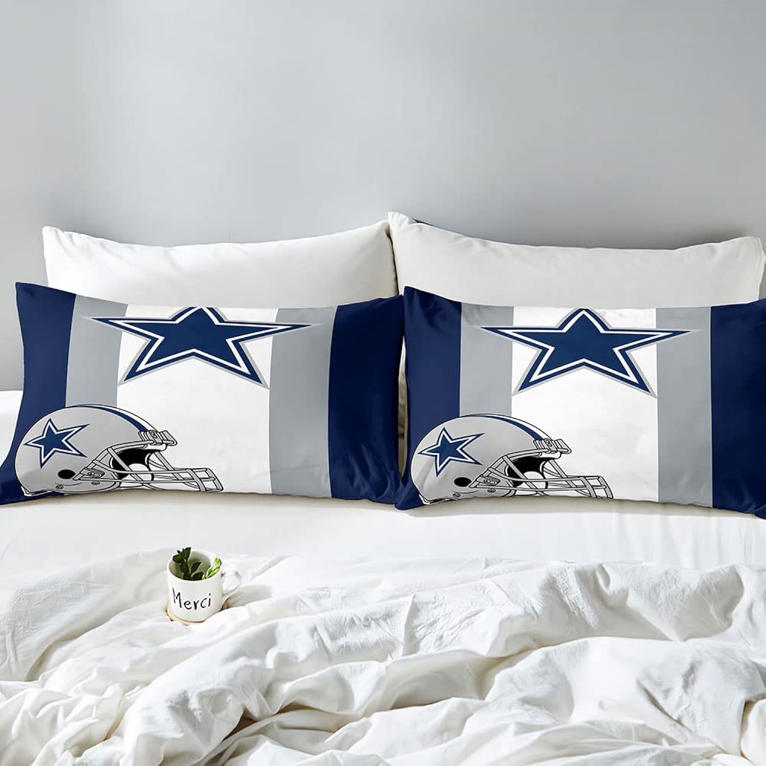 Great Choice Products Vivihome 2Pcs American Football Duvet Cover Set, Twin Bedding Sets, Sports Bedding, Grey White Navy Blue Striped Comforter Co…