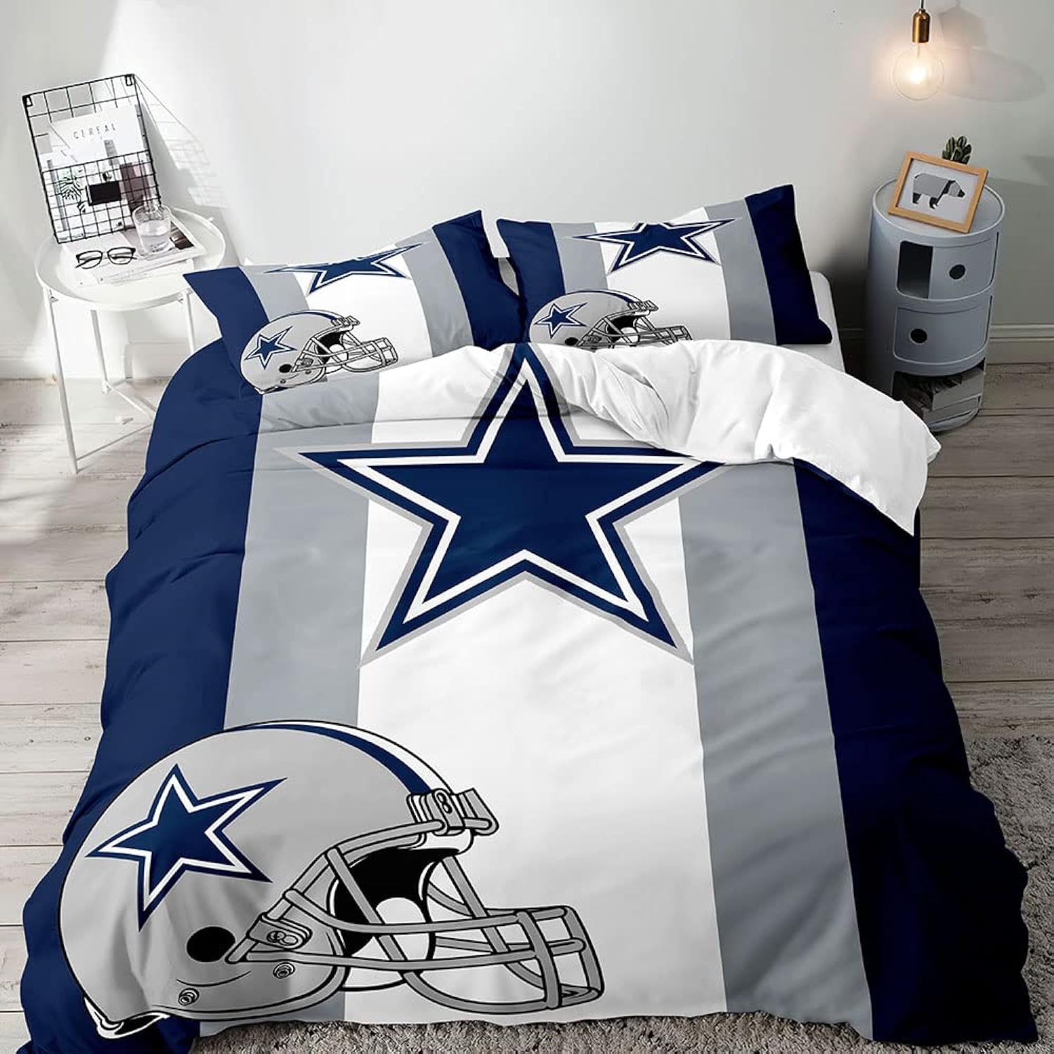 Great Choice Products Vivihome 2Pcs American Football Duvet Cover Set, Twin Bedding Sets, Sports Bedding, Grey White Navy Blue Striped Comforter Co…