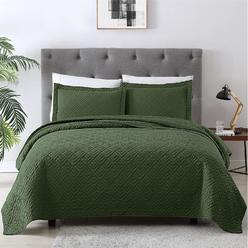 Great Choice Products Quilt Set Full Queen Size Olive Green 3 Piece,Lightweight Soft Coverlet Modern Style Squares Pattern Bedspread Set(1 Quilt,2