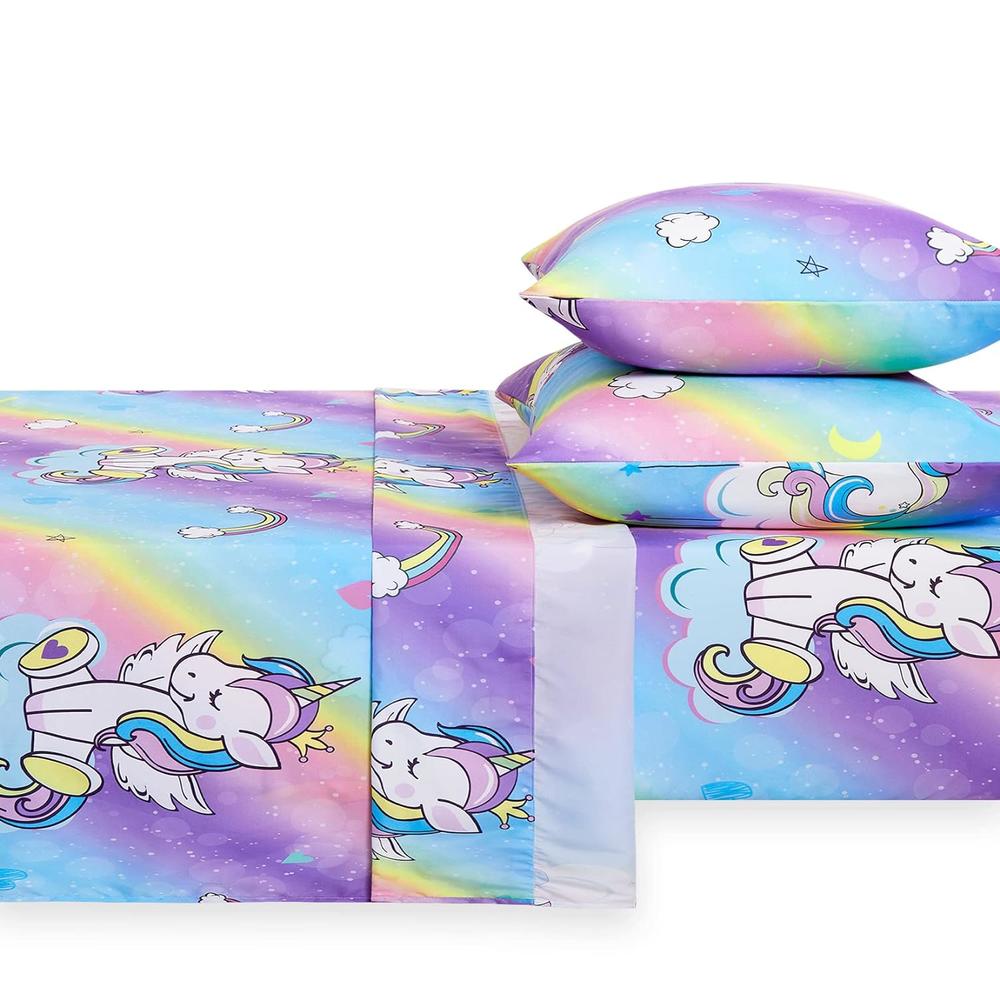 Great Choice Products Kids Sheet Set, Unicorn Bed Sheets For Girls, Colorful Unicorns Rainbow, Soft Microfiber Bedding (4Pcs, Twin Size)
