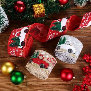 Great Choice Products 3 Rolls Christmas Ribbon Christmas Wired Edge Ribbons  Merry Christmas Tree And Truck