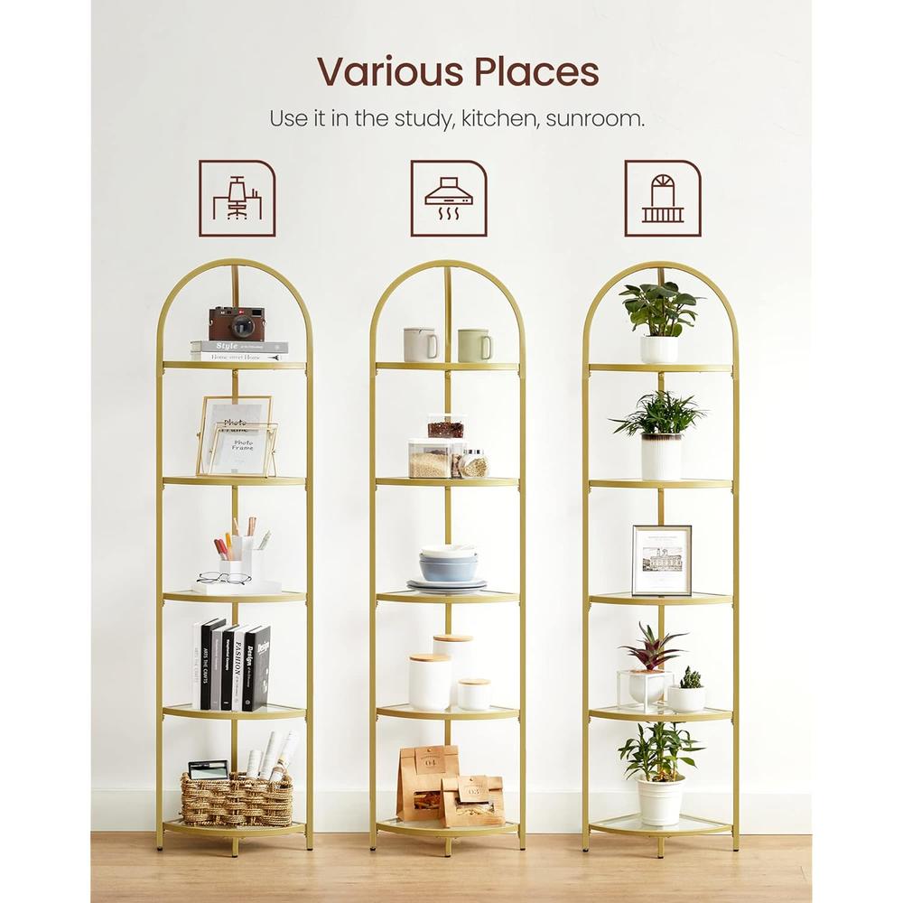 Great Choice Products Corner Shelf, 5 Tier Corner Bookshelf, Modern Style, Plant Stand, Steel Frame, Tempered Glass Shelves, Living Room, Bedroom