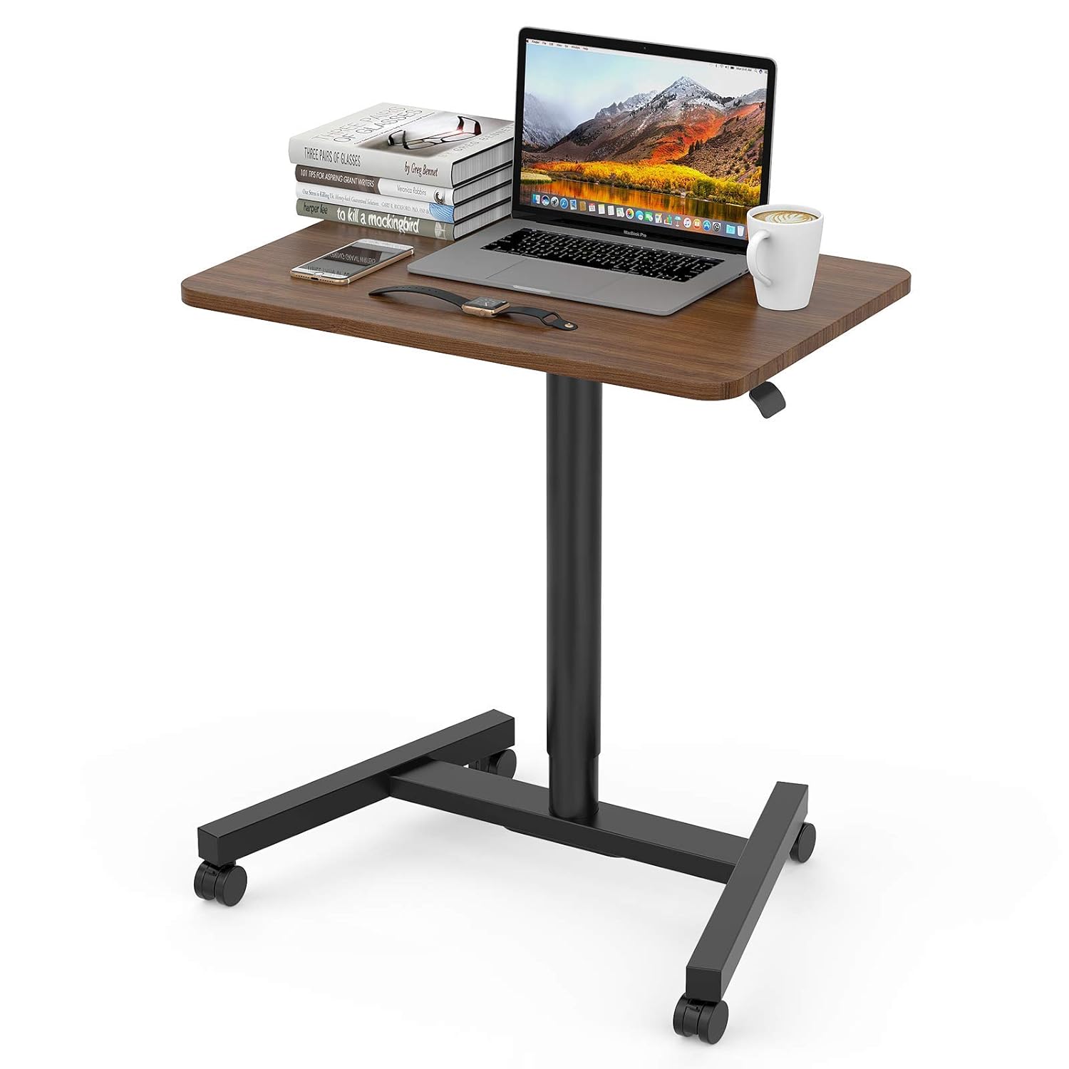 Great Choice Products 28 Inch Height Adjustable Laptop Sit To Stand Desk With Wheels, Adjustable Rolling Standing Laptop Mobile Desk Cart Coffee Ta…