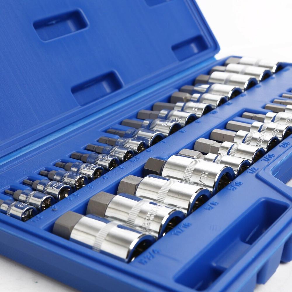 Great Choice Products 34 Pc Sae And Metric 1/4" 3/8" 1/2" Socket Set Standard| Master Hex Bit Set