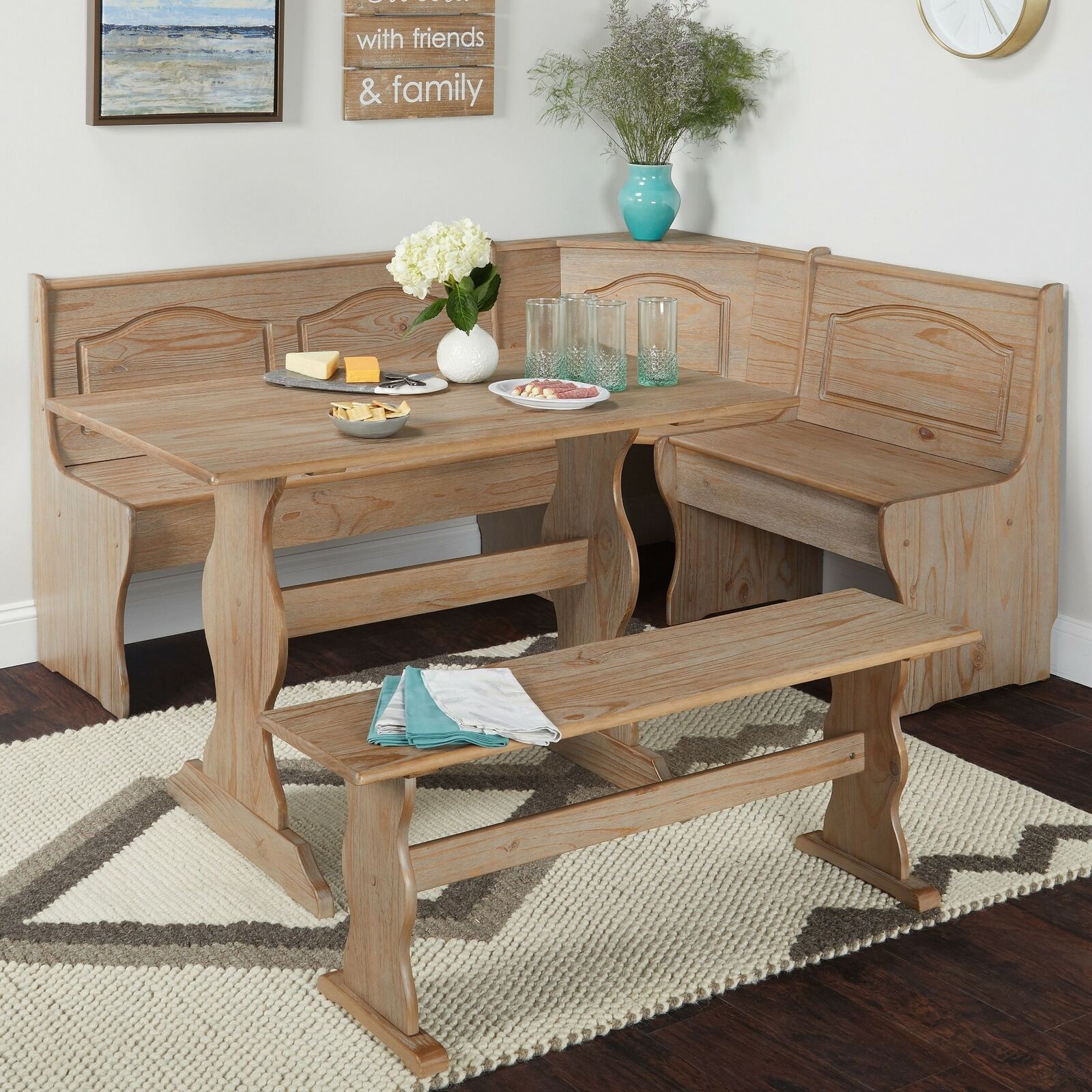 Great Choice Products 3 Pc Rustic Wooden Breakfast Nook Dining Set Corner Booth Bench Kitchen Table