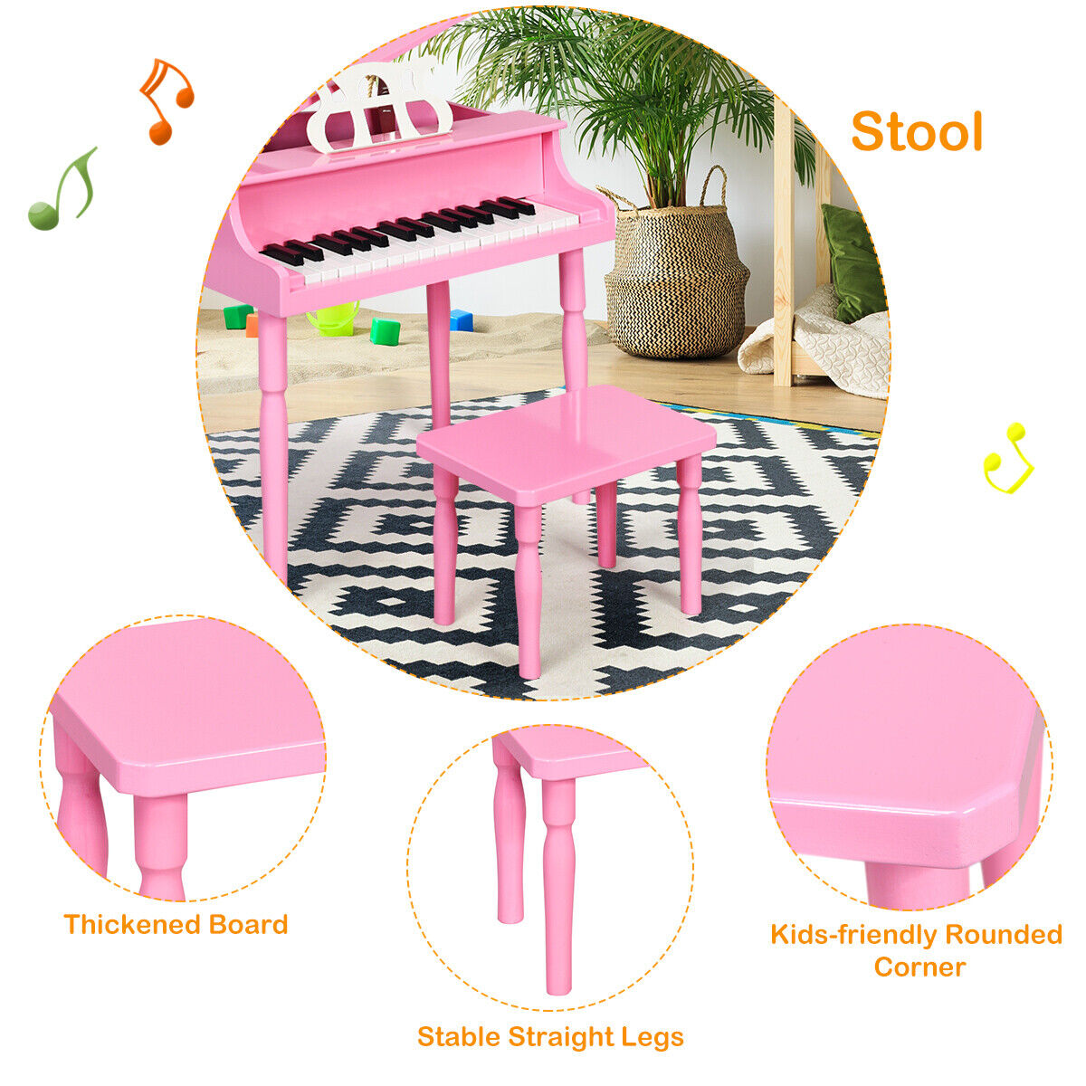Great Choice Products 30-Key Baby Piano & Wooden Bench Set Toddler Toy With Music Rack Pink Christmas