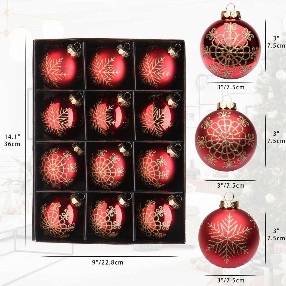 Great Choice Products 2.95" Christmas Ornaments Balls 12 Pcs Christmas Tree Ornaments Set Red Christmas Ball Ornaments Painted Glass Christmas Ball…