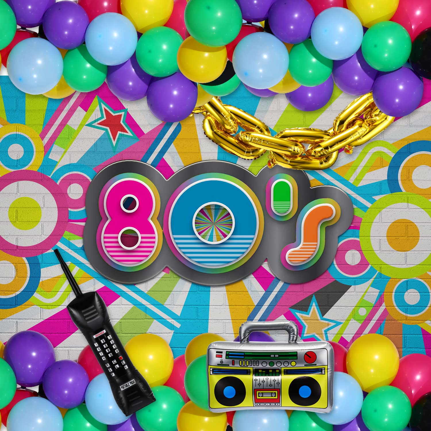 Great Choice Products 90S 80S Theme Party Balloons Backdrop Decorations Inlcude Inflatable Boom Box Inflatable Retro Mobile Phone Gold Chain Balloo…