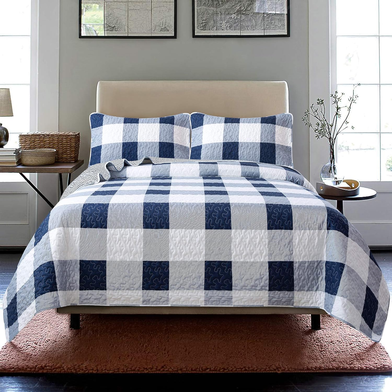 Great Choice Products Checks And Stripes Twin Comforter Set (Twin Plaid Quilt With 1 Sham): Buffalo Navy Check Bedspread, Farmhouse Blue Plaid Bed …