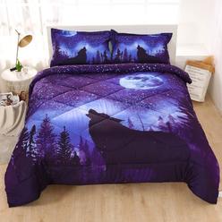 Great Choice Products Blue Wolf Comforter Full Size, 3 Piece Starry Night Sky Howling Wolf Bedding Comforter Set, Wild Animal Themed Full Size Quil…
