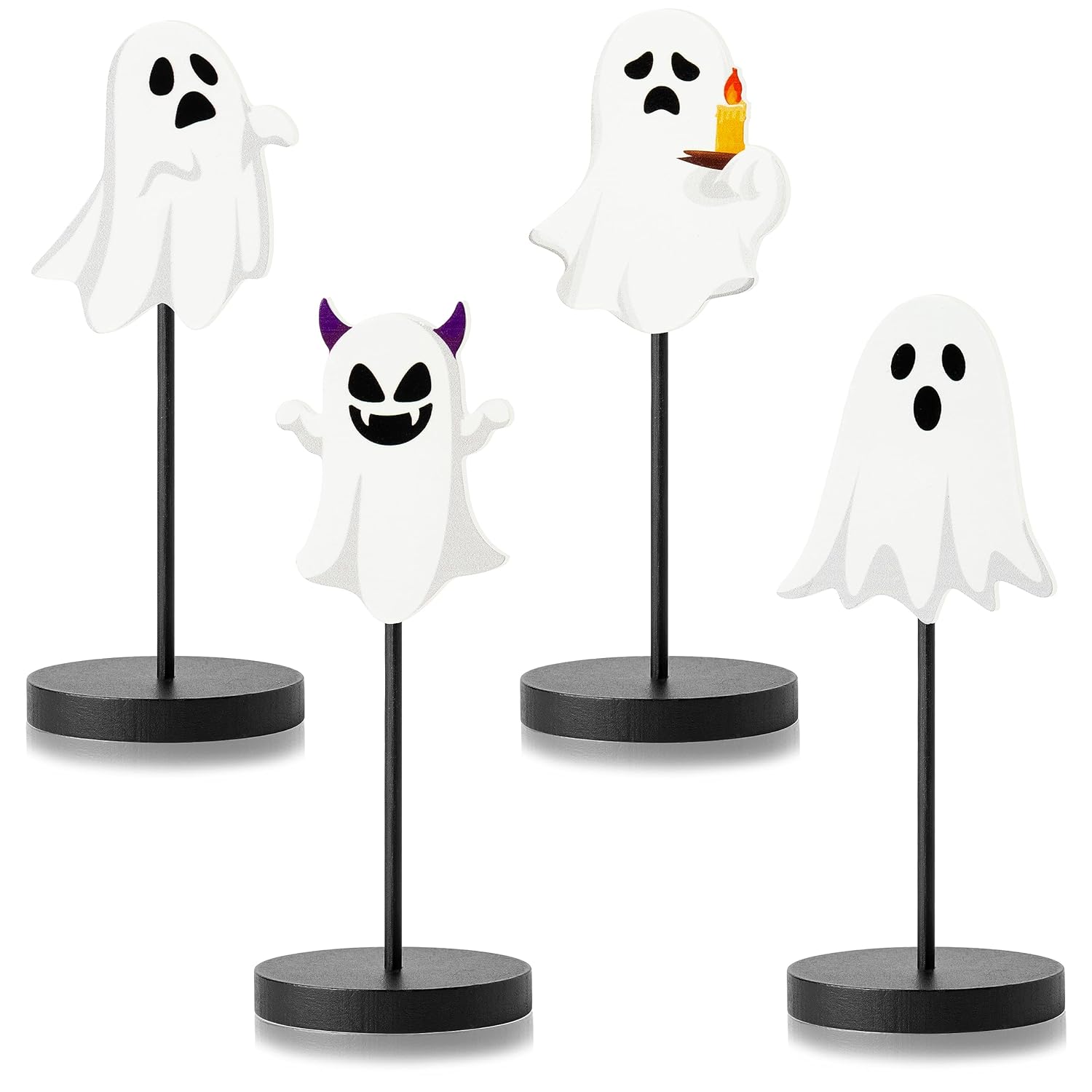 Great Choice Products 4Pcs Halloween Ghost Wooden Centerpiece Table Decorations, Funny Boo Wood Tiered Tray Home Decors, Spooky Ghost Happy Hallowe…
