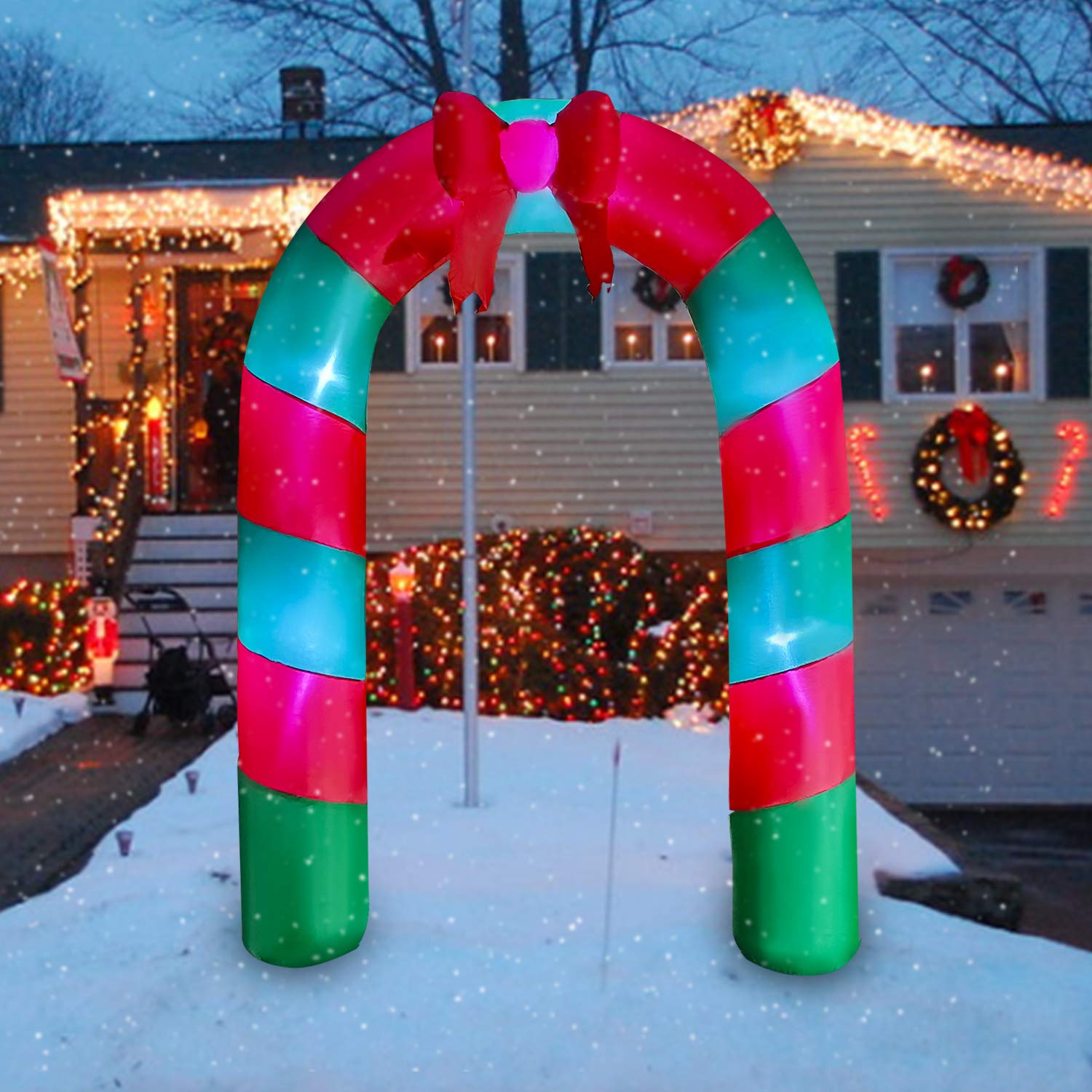 Great Choice Products 8 Ft Led Light Up Inflatable Christmas Candy Archway With Bow Decoration For Yard Lawn Garden Home Party Indoor Outdoor