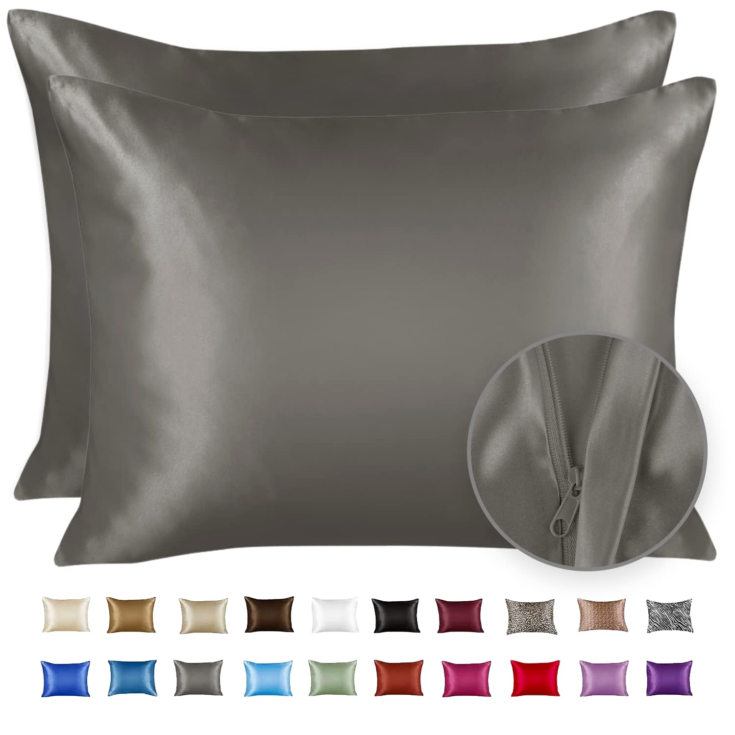 Great Choice Products Luxury Satin Pillowcase For Hair – King Satin Pillowcase With Zipper, Silver Grey (Pillowcase Set Of 2) – Blissford